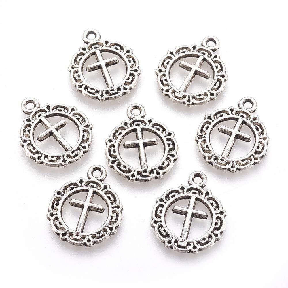 8323 100 pcs Antique Silver Flat Round with Cross Charms Vintage Religious